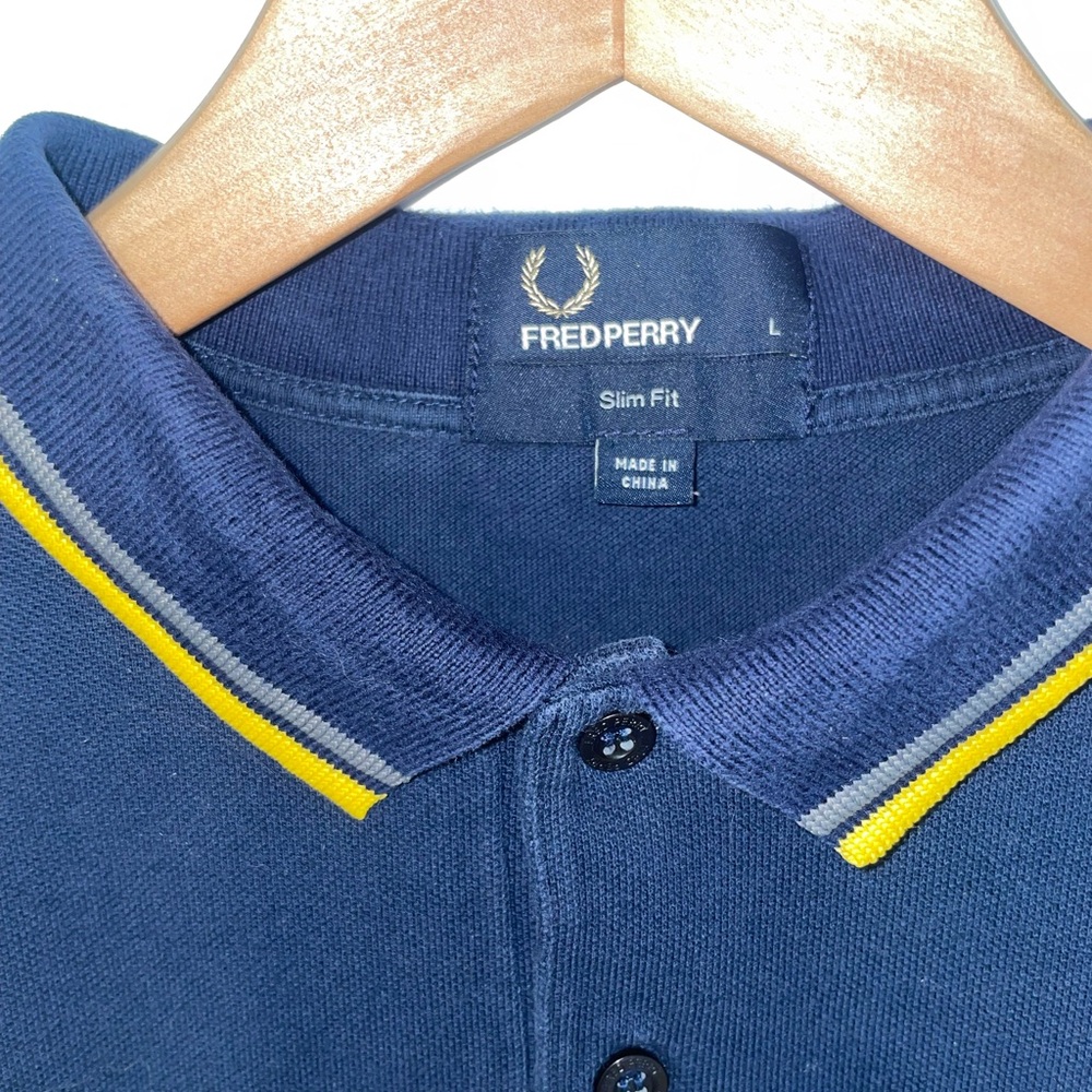 Fred Perry Polo Navy/Yellow/Grey Slim Large - Picture 3 of 3